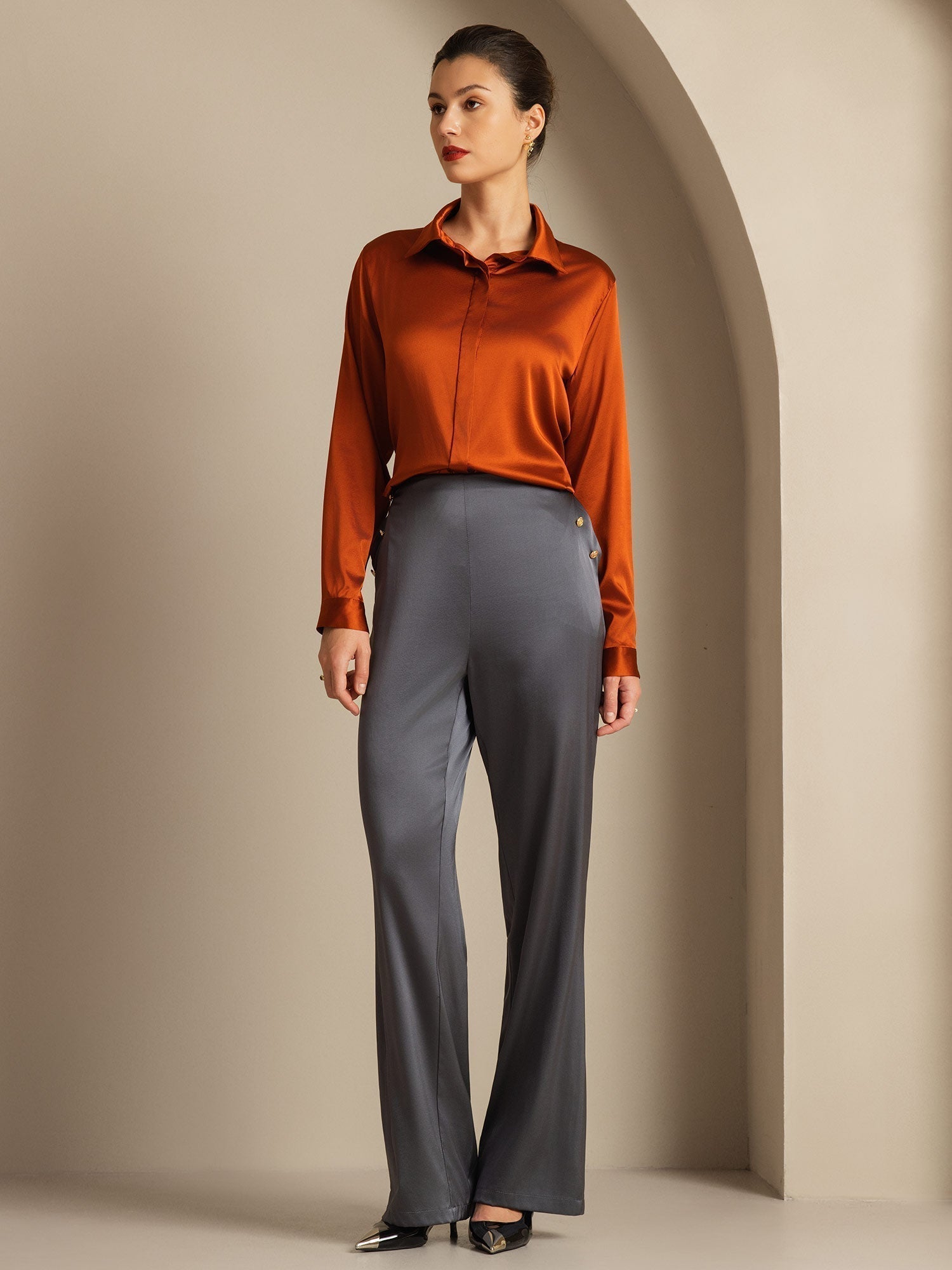 [Mørkegrå] SilkSilky-DK 19Momme Silke Womens Pants 007,