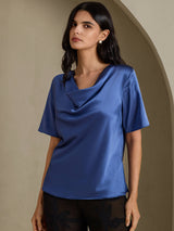 [Ægte Petrol] SilkSilky-DK Short Sleeve Cowl Neck Damebluser 001