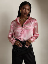 [Rosa Stribe] SilkSilky-DK Long Sleeve Lapel Collar Dameskjorte 006