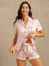 [Lyserød] SilkSilky-DK 19Momme Kort ærme Notchkrage Dame Pyjamas 006