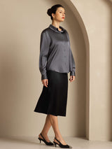 [Mørkegrå] SilkSilky-DK Long Sleeve Lapel Collar Dameskjorte 004