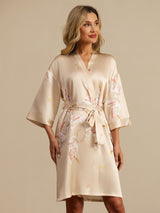 [Champagne] SilkSilky-DK 19Momme 3/4 ærme Dame Morgenkåbe 003
