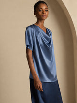 [Ægte Petrol] SilkSilky-DK Short Sleeve Cowl Neck Damebluser 004