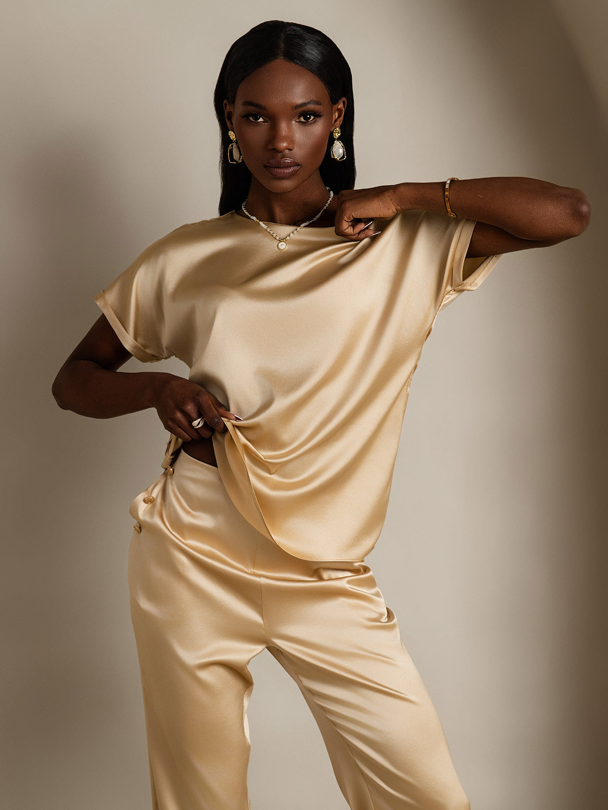 [Champagne] SilkSilky-DK 19Momme Silke Womens T-Shirt 004,