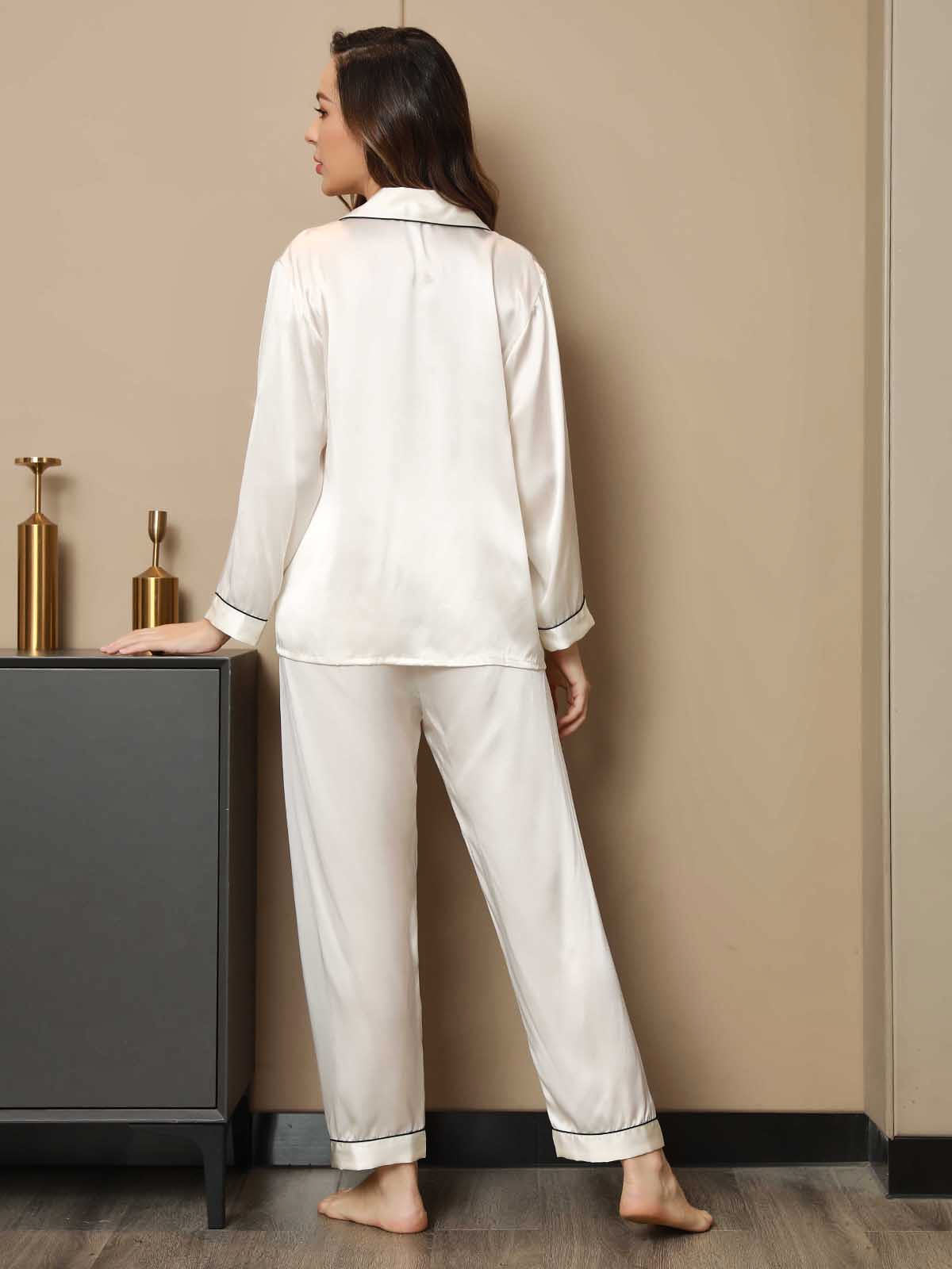 [Hvid] SilkSilky-DK Long Sleeve Lapel Collar Dame Pyjamas 002