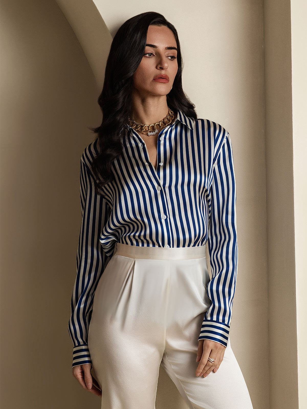 [Blå] SilkSilky-DK Silke Long Sleeve Collar Dameskjorte 006