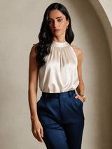 [Beige] SilkSilky-DK Sleeveless Halter T-shirt til kvinder 001