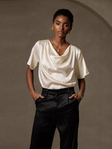 [Beige] SilkSilky-DK Short Sleeve Cowl Neck Damebluser 003