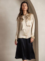 [Champagne] SilkSilky-DK 19Momme Langærmet Bindekrage Bluse 001