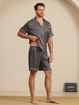 [Sort Ginkgo] SilkSilky-DK Short Sleeve Lapel Collar Pyjamas til Mænd 006