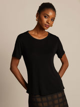 [Sort] SilkSilky-DK Kort ærme Rund Hals T-shirt til kvinder 001