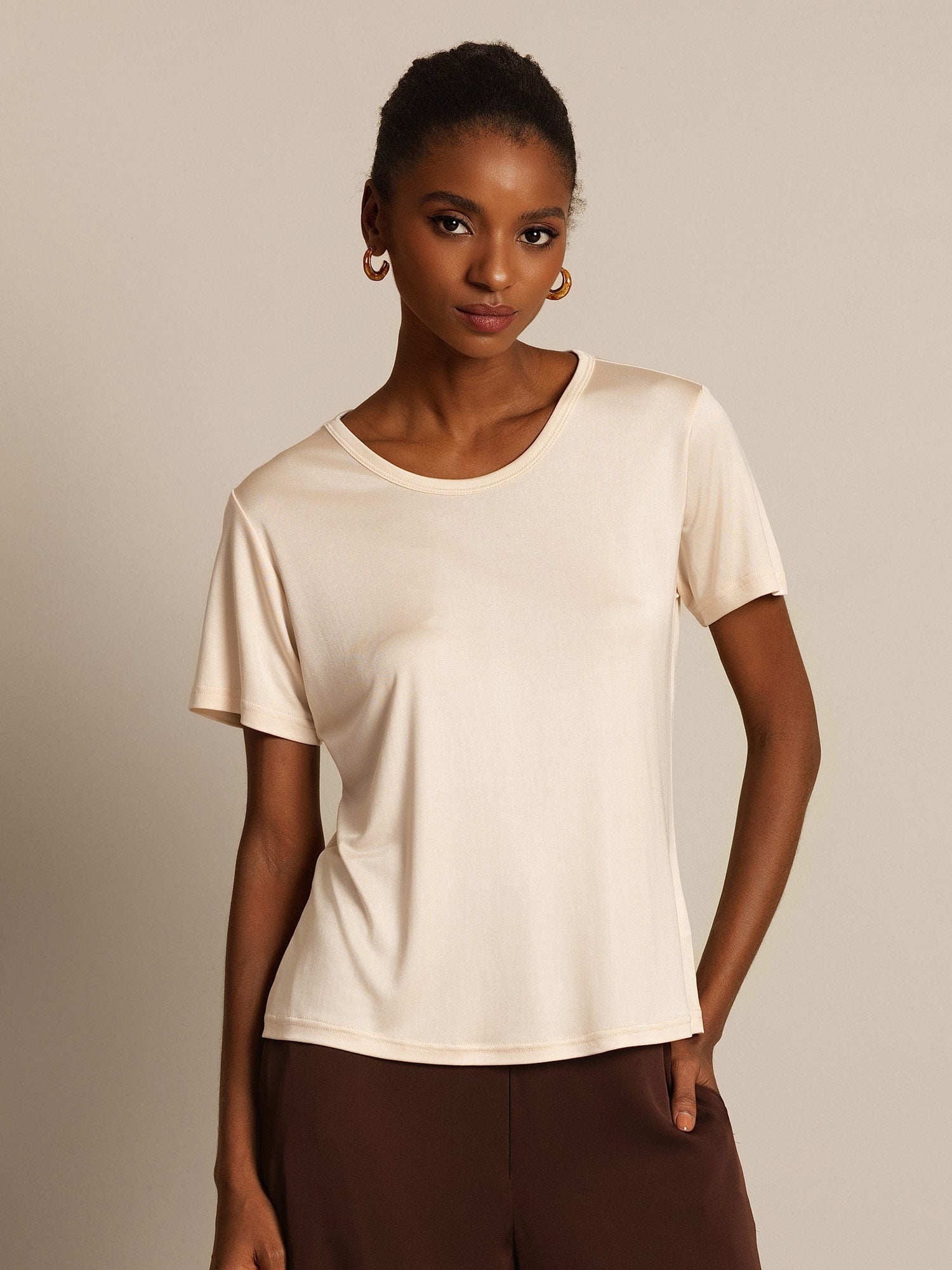 [Beige] SilkSilky-DK Womens T-Shirt 006,