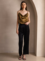 [Brun] SilkSilky-DK Spaghetti Strap Cowl Neck Camisole Top 006