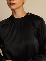 [Sort] SilkSilky-DK 19Momme Langærmet Rund Hals Bluse 005