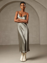 [Grågrøn] SilkSilky-DK Sleeveless V Neck Kjole 001