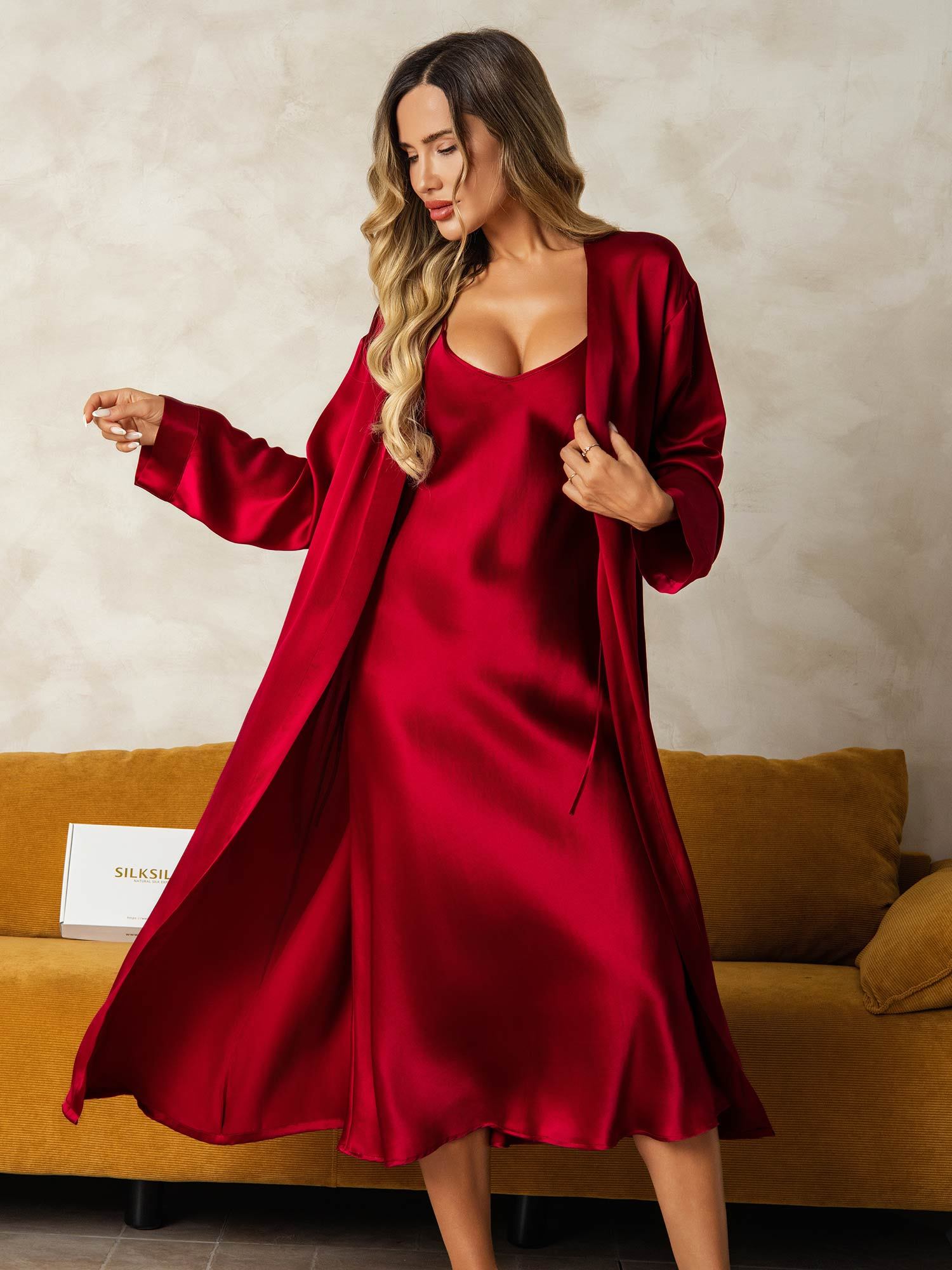 [Vin] SilkSilky-DK Silke Wrap Natkjole & Morgenkåbe Sæt 009