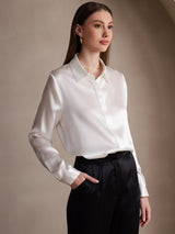 [Hvid] SilkSilky-DK Long Sleeve Lapel Collar Dameskjorte 004