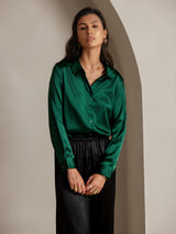 [Mørkegrøn] SilkSilky-DK Long Sleeve Lapel Collar Dameskjorte 001