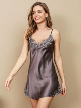 [Lilla Grå] SilkSilky-DK Sleeveless V Neck Natkjole 003