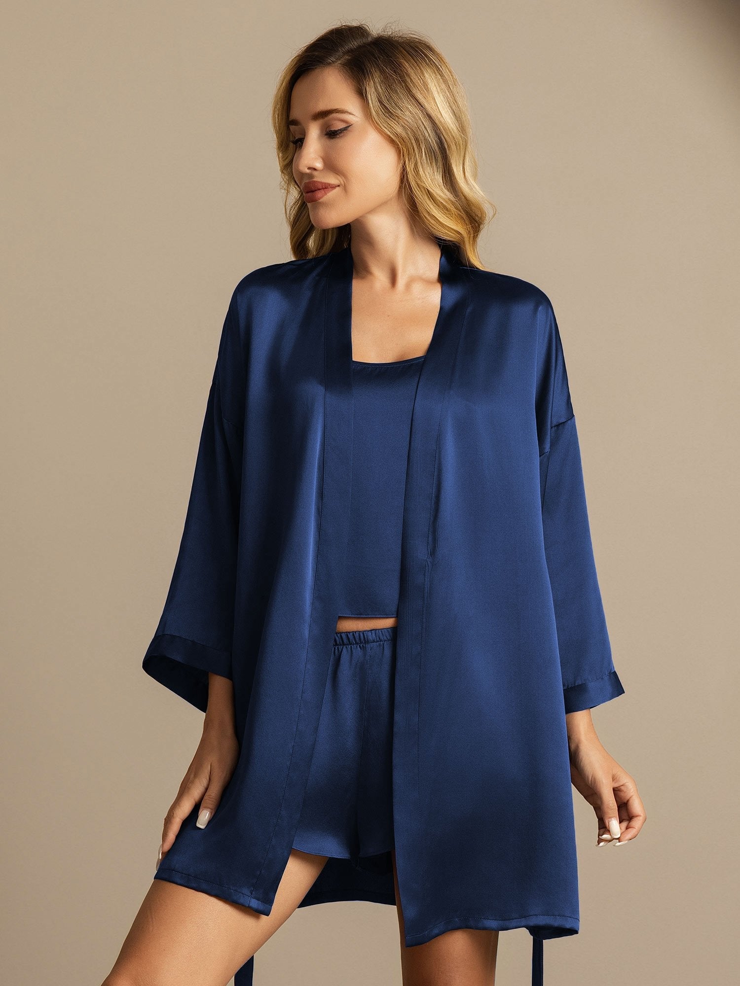 [Mørkeblå] SilkSilky-DK Silke Nightgown&Robe Set 007,