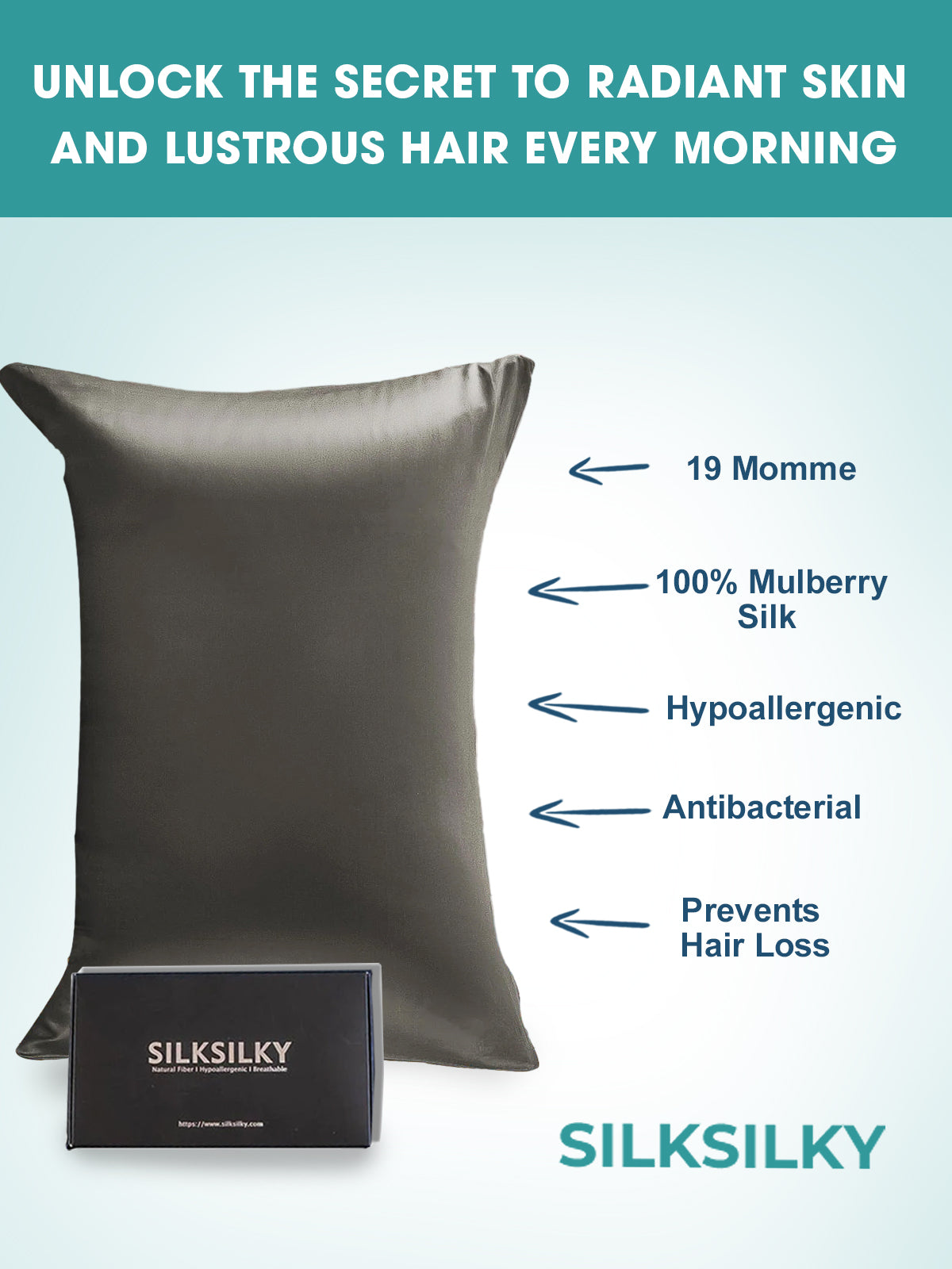 SilkSilky-DK-19Momme-Pure-Silk-Pillowcase-Mørkegrå-003