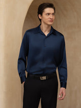 [Mørkeblå] SilkSilky-DK Long Sleeve Lapel Collar Herreskjorte 005