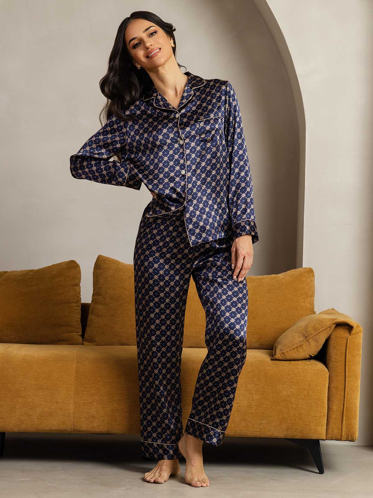 [Marine Kæde] SilkSilky-DK Long Sleeve Lapel Collar Dame Pyjamas 002