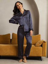 [Marine Kæde] SilkSilky-DK Long Sleeve Lapel Collar Dame Pyjamas 002