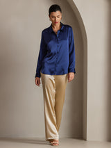 [Mørkeblå] SilkSilky-DK Long Sleeve Lapel Collar Dameskjorte 005