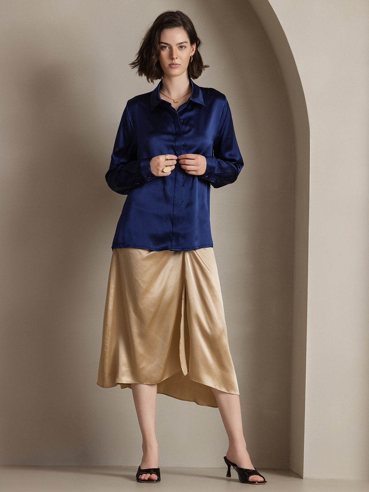 [Mørkeblå] SilkSilky-DK 19Momme Silke Womens Shirt 003