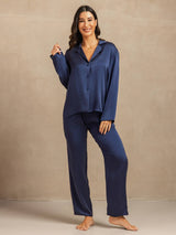 [Mørkeblå] SilkSilky-DK 19Momme Langærmet Notchkrage Dame Pyjamas 006