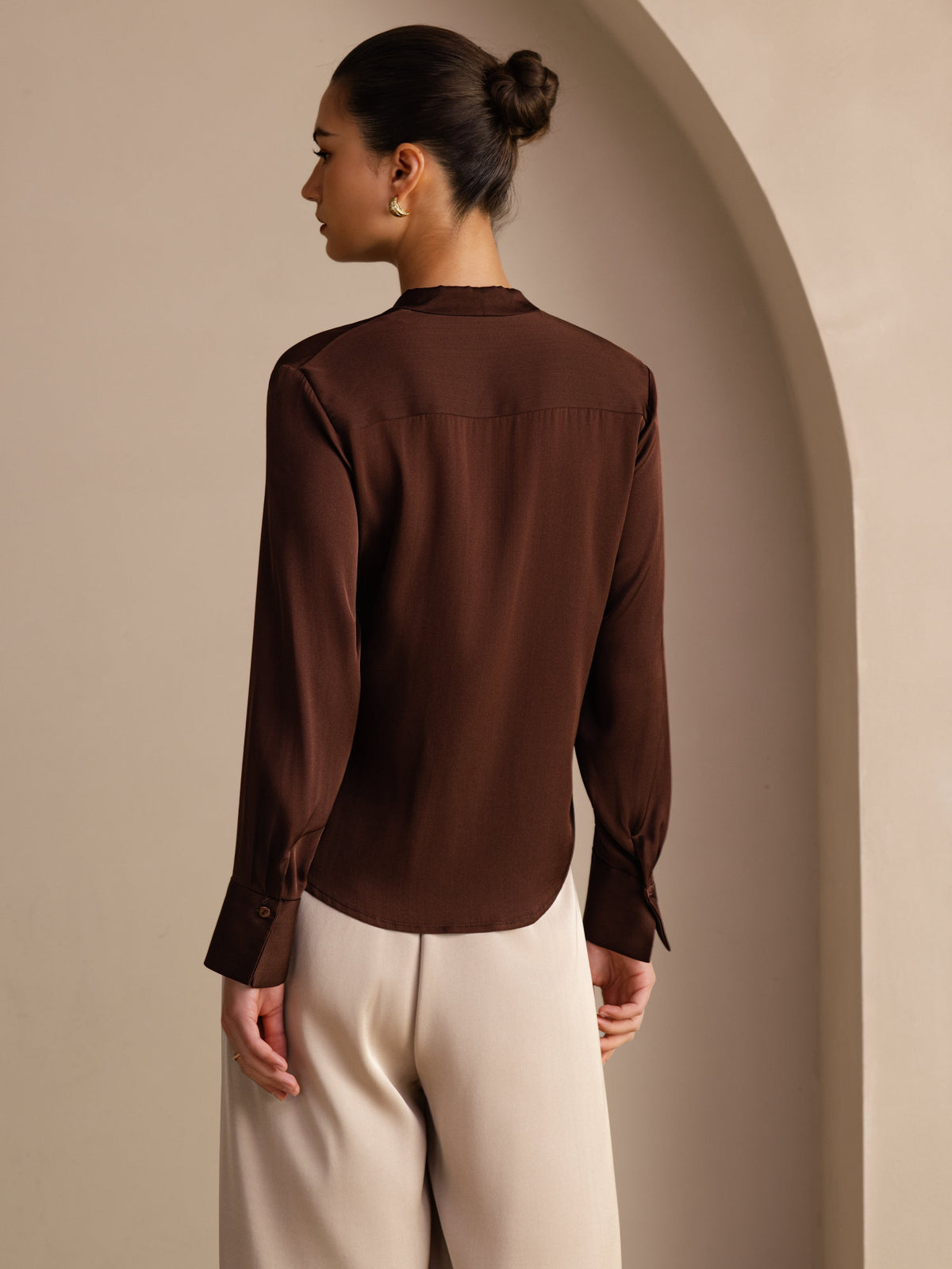 [Mørk Chokolade] SilkSilky-DK Long Sleeve Tie Neck Damebluser 002