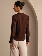 [Mørk Chokolade] SilkSilky-DK Long Sleeve Tie Neck Damebluser 002
