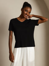 [Sort] SilkSilky-DK Short Sleeve V Neck T-shirt til kvinder 007