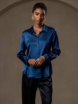 [Blågrøn] SilkSilky-DK Long Sleeve Lapel Collar Dameskjorte 003