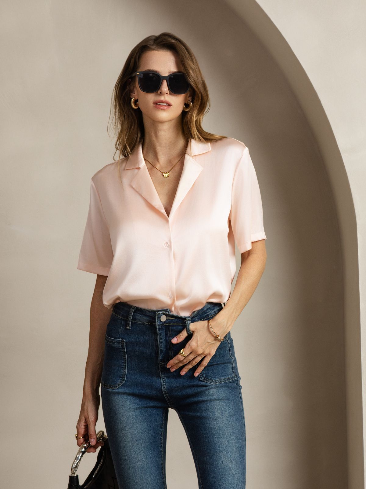 [Lyserød] SilkSilky-DK 19Momme Silke Womens Shirt 006