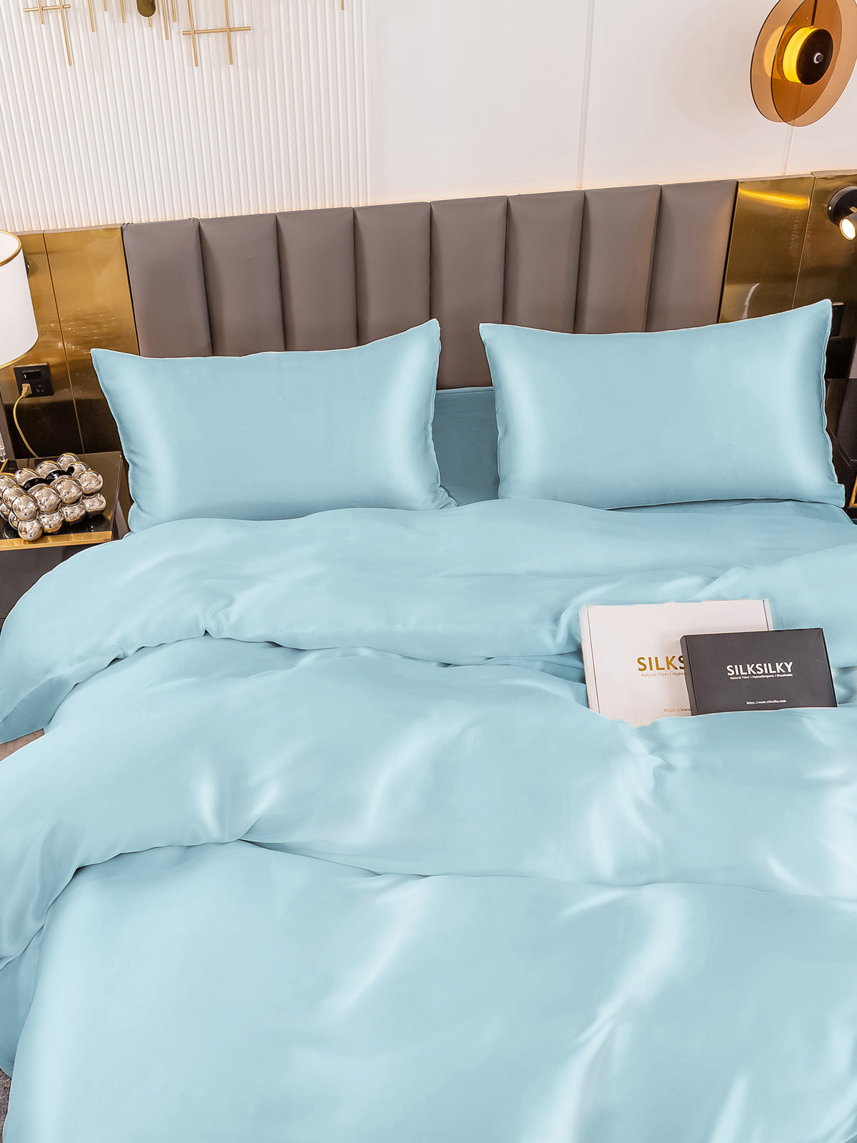 [Lyseblå] SilkSilky-DK 19Momme Bedding Set 004