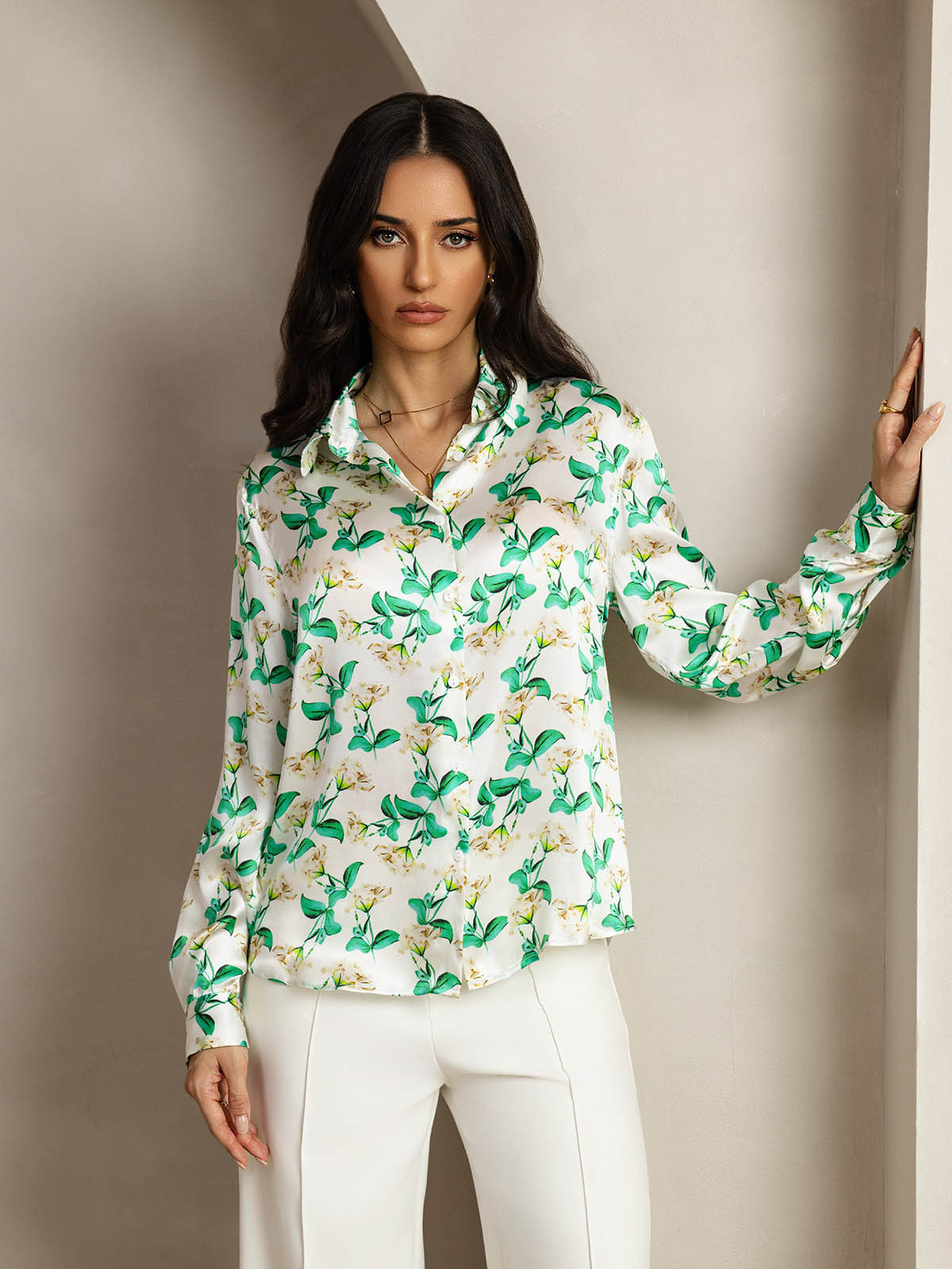 [Grøn Blomster] SilkSilky-DK Silke Lapel Collar Dameskjorte 001