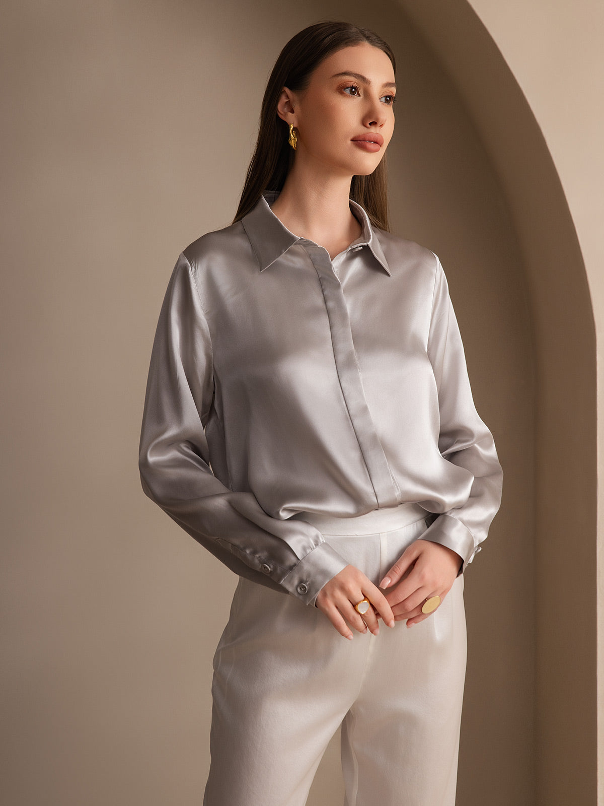 [Lysegrå] SilkSilky-DK 19Momme Silke Womens Shirt 004