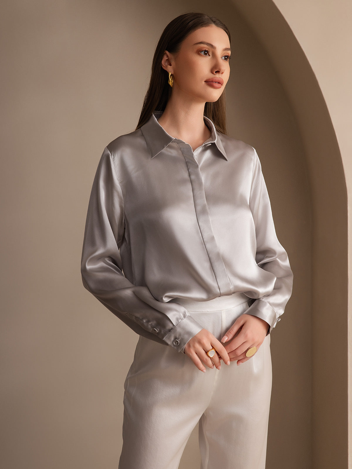 SilkSilky-DK 19Momme Silke Womens Shirt Lysegrå 004