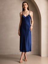 [Mørkeblå] SilkSilky-DK Sleeveless V Neck Kjole 003