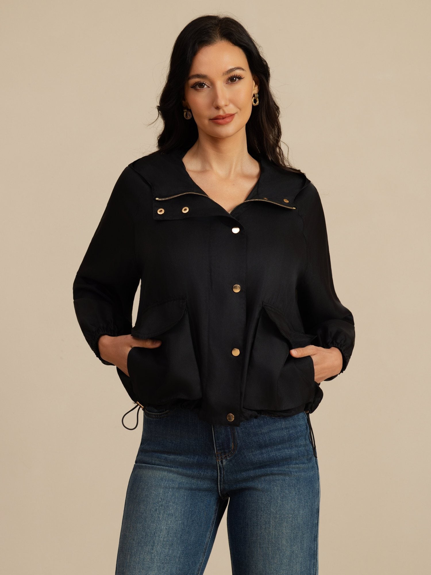 [Sort] SilkSilky-DK Langærmet Høj Hals Overtøj til Kvinder 004