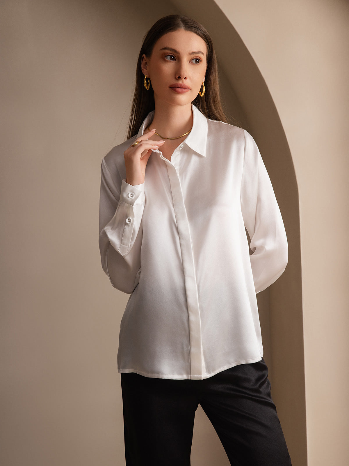 [Hvid] SilkSilky-DK 19Momme Silke Womens Shirt 004