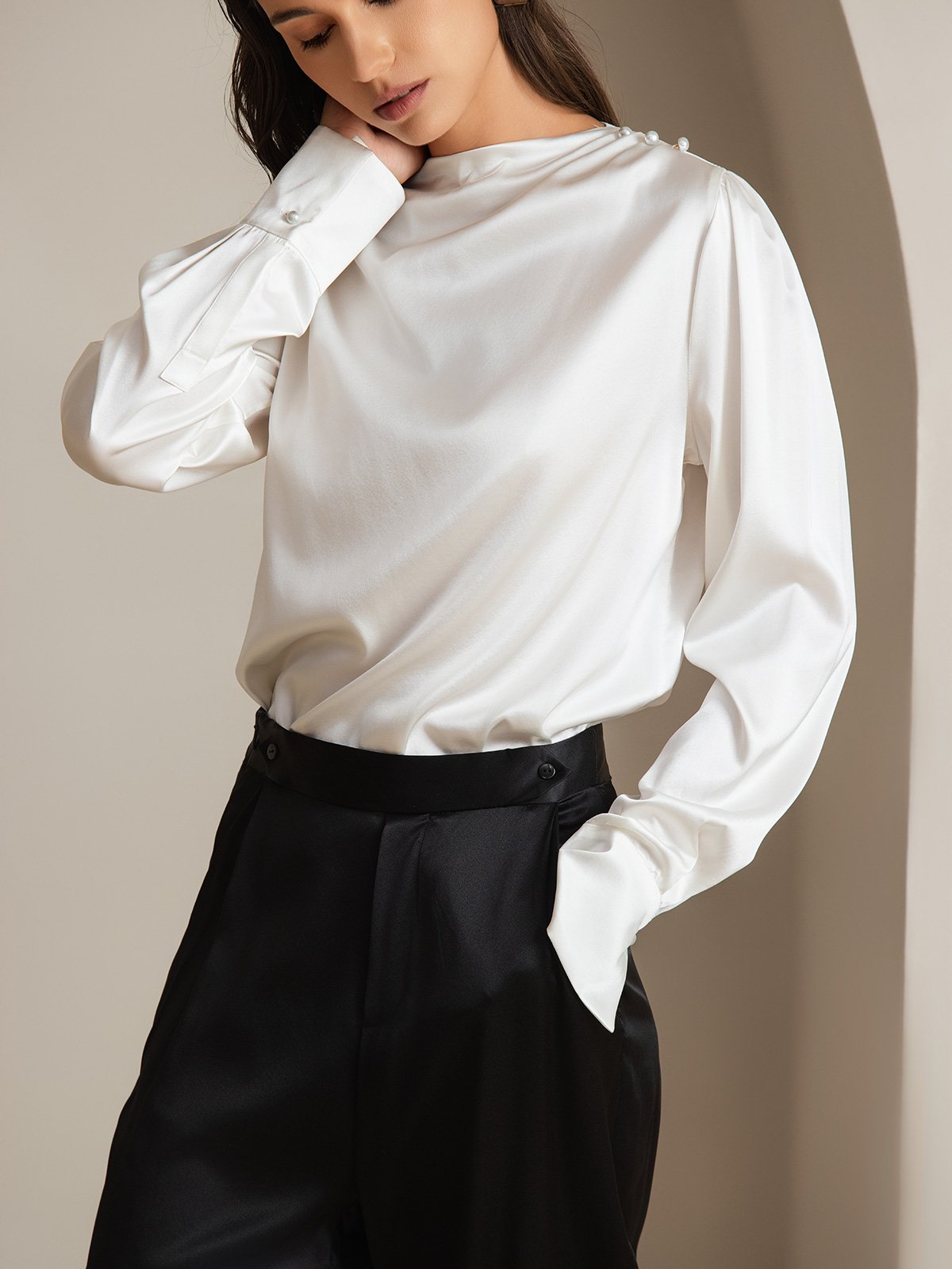 [Hvid] SilkSilky-DK 19Momme Silke Womens Shirt 003