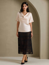 [Beige] SilkSilky-DK Short Sleeve Cowl Neck Damebluser 006