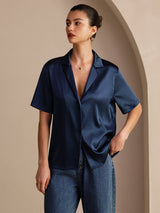 [Mørkeblå] SilkSilky-DK Short Sleeve Lapel Collar Dameskjorte 003