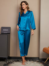 [Blågrøn] SilkSilky-DK Long Sleeve Lapel Collar Dame Pyjamas 001
