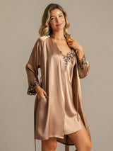 [Brun] SilkSilky-DK 3/4 Sleeve V Neck Natkjole & Morgenkåbe Sæt 006