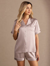 [Skyggegrå] SilkSilky-DK Short Sleeve Lapel Collar Dame Pyjamas 001