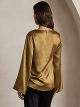 [Brun] SilkSilky-DK Long Sleeve Boat Neck Bluse 002
